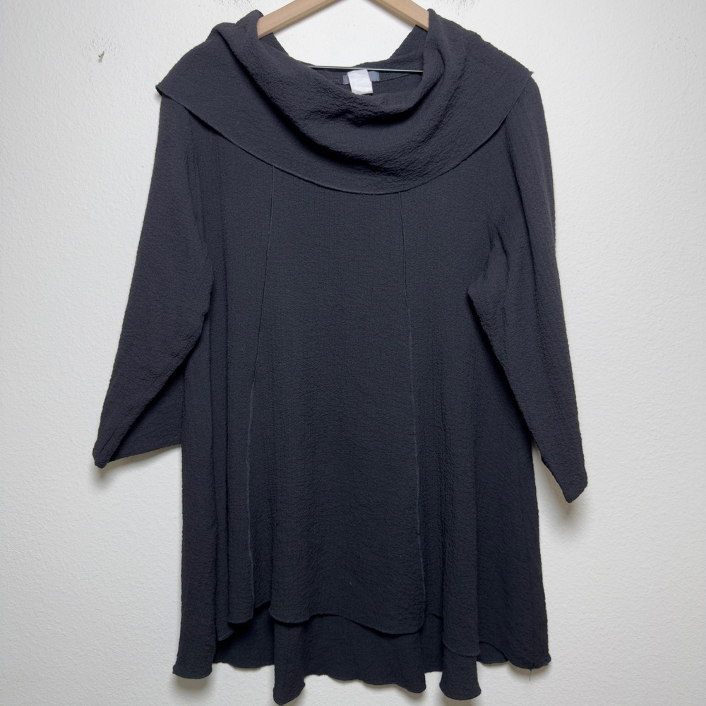 Yushi Women Tunic Top Large Black Cowl Neck Textured Knit 3/4 Sleeve Lagenlook